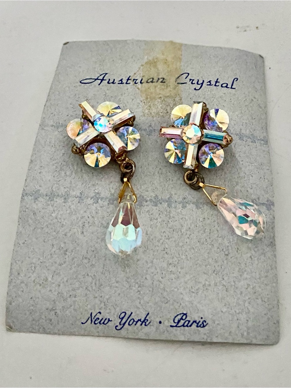 Aurora Borealis Vintage Australia Crystal Cluster Dangle Earrings